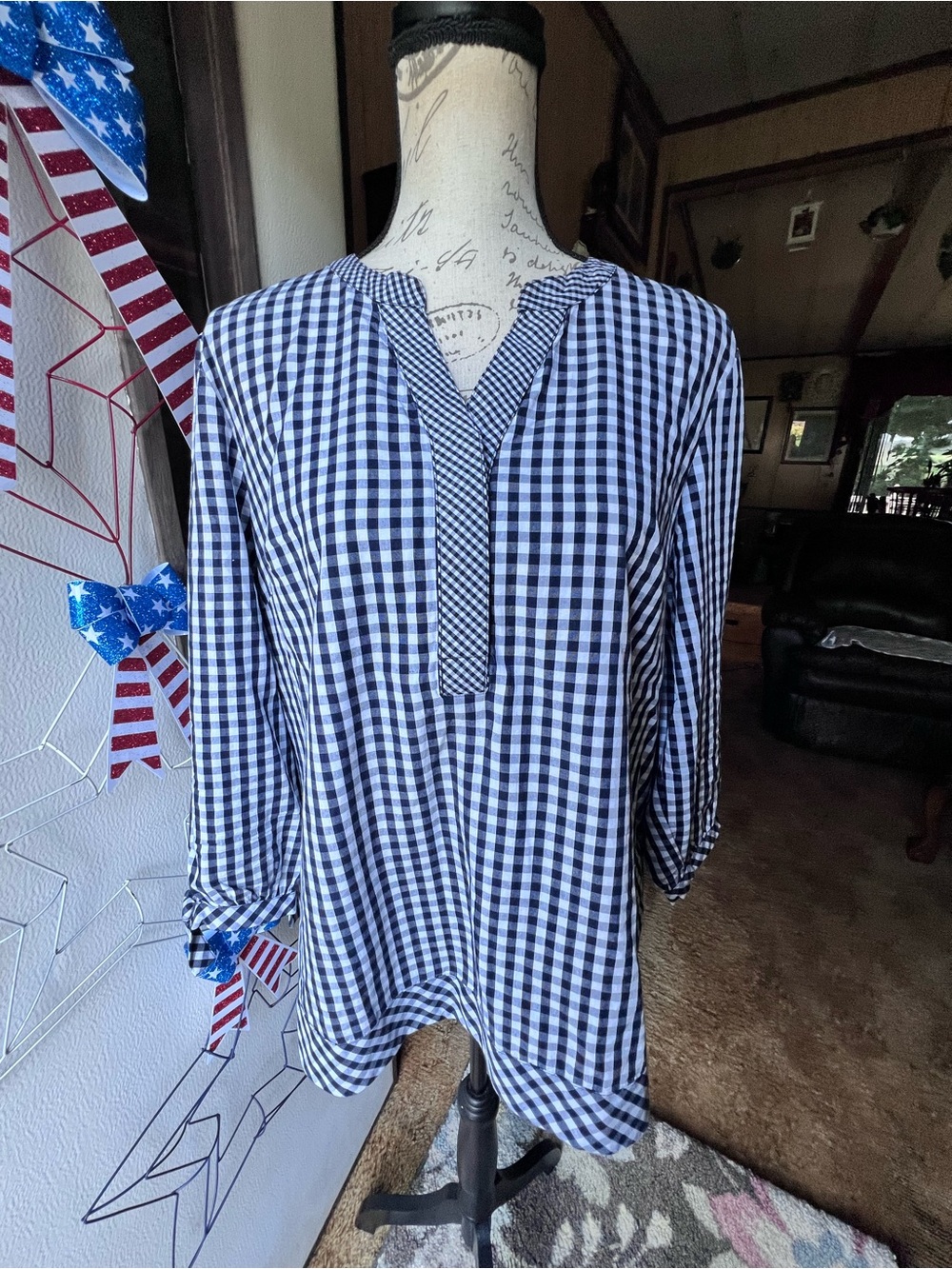 Crown&Ivy navy blue and white gingham tunic blouse